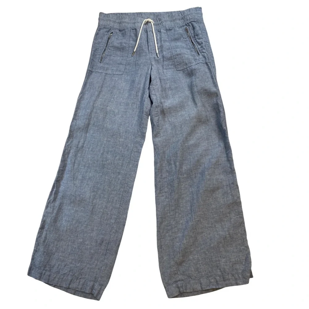 Athleta Cabo 100% Linen Wide Leg Pants Blue Chambray Drawstring 12T Tall Comfy - Picture 2 of 11